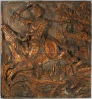 Csatajelenet. Faragott fa, aranyozott, XIX. sz. 36x37 cm / 

Battle scene. Carved wood, gilded, 19...