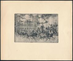 Móré Mihály (1924-1997): Debreceni ötösfogat (háttérben a református nagytemplom). Rézkarc, papír, jelzés nélkül, 9,5x14,5 cm.