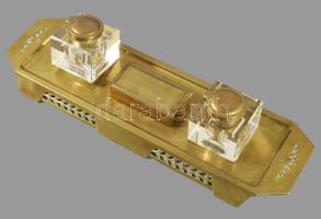 cca 1910/20 Német jugendstil asztali tintatartó és bélyegtartó szett, alpakka, kristály üvegekkel, s...