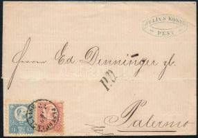 1872 Levél Réznyomat 5kr + 10kr bérmentesítéssel Palermo-ba küldve "PEST DÉLKELET VASP." /...