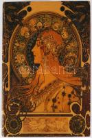 Könyv formájú doboz, Alfons Mucha grafikáival díszítve, használat nyomaival, 27x18x7 cm