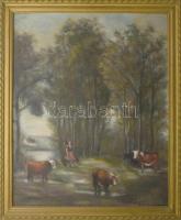 Olvashatatlan jelzéssel: Tehénpásztorlány. Olaj, farost. Dekoratív, kissé sérült fakeretben, 74,5×60 cm