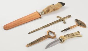 Erdész és vadászkés, réz dugóhúzó és sörnyitó