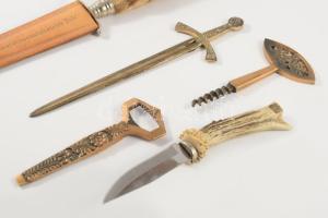 Erdész és vadászkés, réz dugóhúzó és sörnyitó