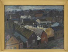 Szilágyi Elek (1933-2016): Utca. Olaj, farost. Jelzett. Hátoldalán Képcsarnok Vállalat címkéjével. Üvegezett fakeretben, 60×80 cm