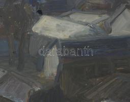 Szilágyi Elek (1933-2016): Utca. Olaj, farost. Jelzett. Hátoldalán Képcsarnok Vállalat címkéjével. Ü...