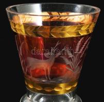 Vadászmintával csiszolt antik pácolt díszpohár, hibátlan, m: 19 cm