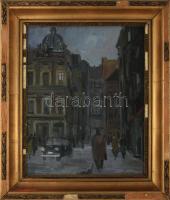 Herwerth József (1939-1987): Nagyvárosi forgatag. Olaj, farost. Jelzett. Dekoratív, sérült fakeretben, 50×40 cm