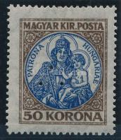 1921 Koronás Madonna 50K hármas lyukasztással, a glória a külső íve megszakad ismétlődő lemezhiba