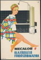 Szilas Győző (1921-1998): Mecalor F olajtüzelésű fürdőszobakályha, kisplakát, villamosplakát, papír, jelzés nélkül. Nyomdakísérleti. 24x16 cm