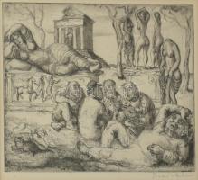 Szabó Vladimír (1905-1991): Játék. Rézkarc, papír, jelzett. Üvegezett fakeretben, 18×24 cm