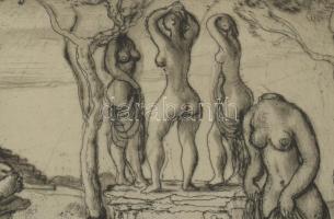 Szabó Vladimír (1905-1991): Játék. Rézkarc, papír, jelzett. Üvegezett fakeretben, 18×24 cm