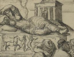 Szabó Vladimír (1905-1991): Játék. Rézkarc, papír, jelzett. Üvegezett fakeretben, 18×24 cm