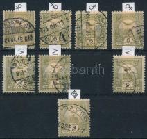 1900 Turul 6f 4 féle vízjellel és 3 féle számvízjellel és csillagidom vízjellel, összesen 8 zöldes olaj bélyeg E fogazással, stecklapon