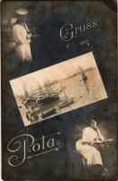 1914 Pola, Pula; port. Navy art postcard, montage with mariner and lady, romantic couple. C. Fano (EK)