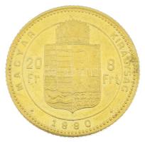 1880KB 8Ft/20Fr Au "Ferenc József" nagyméretű portré, kapszulában (6,48g/0.900) T:AU,XF / ...