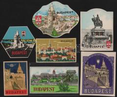 7 db retró budapesti hotelcímke / bőröndcímke a Budai Vár, Halászbástya, Szent István-szobor képeivel