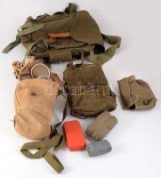 Retro és régi katonai tétel, szimatszatyor, gázmaszk. kötszerek, elsősegély doboz, hószemüveg, táska, vegyes állapotban.