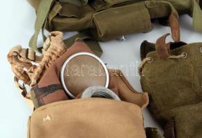 Retro és régi katonai tétel, szimatszatyor, gázmaszk. kötszerek, elsősegély doboz, hószemüveg, táska...