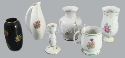 Hollóházi 6 darabos tárgy összeállítás, közte Hajnalka mintás.