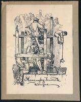 Haranghy Jenő (1894-1951): Ex libris, klisé, papír, jelzett, kartonra ragasztva, gyűrődésekkel, 11,5×8,5 cm