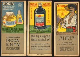 Rigler József Ede 3 db különféle számolócédulája: Adria legfinomabb csontlevél és okmánypapiros, Adria Iróténta, Adria Irodaenyv, kettőn kisebb sérüléssel.