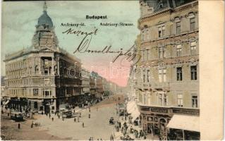 1907 Budapest VI. Andrássy út, Pesti Hazai Első Takarékpénztár, villamos (EB)