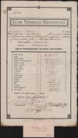 1902 Miskolc, ,,Erzsébet" izraelita fiú- és leány népiskola bizonyítványa + Goldberger Simon, az iskola igazgatójának névjegykártyája, hátoldalán autográf soraival
