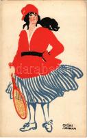 Teniszező hölgy. "A Diana krémtől eltűnik a szeplő, a legrútabb nőből így lesz a legszebb nő" reklám / Tennis playing lady, Hungarian art postcard. Advertisement on the backside s: Győri Aranka (EK)