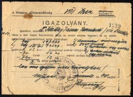 1946 Magyar Államrendőrség által kiállított fegyvertartási igazolvány