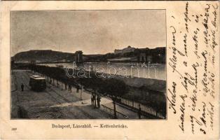 1901 Budapest V. Pesti rakpart, villamos, Lánchíd (szakadások / tears)