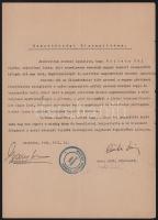 1941 Szobránc, Magyar Nemzeti Tanács nemzethűségi bizonyítványa, vajnatinai lakos részére, 1941. VIII. 10, pecséttel, aláírásokkal, köztük Csuha Sándor (1897-?) országgyűlési képviselő aláírásával.