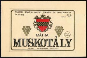 1971 Mátra muskotály, Abasári Rákóczi MGTSZ termése és palackozása, kézzel rajzolt/festett borcímke terv, jelzett a hátoldalon, 11x16,5 cm