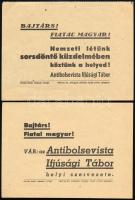 cca 1930 "Bajtárs! Fiatal Magyar!" Antibolsevista Ifjúsági Tábor 2 db röplap, 11x15 cm, 12x15 cm
