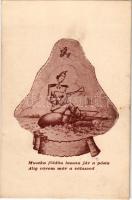 1942 Muszka földön lassan jár a posta, alig várom már a válaszod. Tábori Postai Levelezőlap / WWII Hungarian military art postcard from Russia, singing soldier, balalaika, airplane + "Tábori postahivatal 45" (fl)