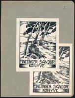 Einczinger Ferenc (1879-1950): Ex libris terv és hozzá tartozó ex libris, valamint egy további ex libris terv, egy lap két oldalára ragasztva. Tus, fametszet, papír, tervek jelzés nélkül, kész ex librisek jelzett a metszeten. 12x10 és 9x6 cm körüli méretekben