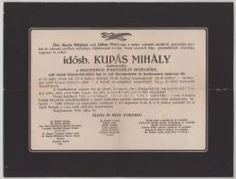 1940 Nagybánya, idősb. Kupás Mihály cipészmester, a Nagybányai Ipartestület díszelnöke halotti értesítője, lapszéli szakadással, 22,5x29 cm