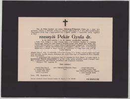 1937 Bp., rozsnyói Pekár Gyula (1867-1937) m. kir. titkos tanácsos, tárca nélküli miniszter, országgyűlési képviselő halotti értesítője, apró lapszéli sérüléssel, 23x30 cm