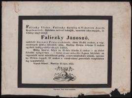1855 Váradolaszi (Nagyvárad), "Faliczky Jánosnő", szül. Gaszner Franciska (1785-1855) színműíró, műfordító halotti értesítője, lapszéli sérüléssel, kissé foltos, 20x27,5 cm