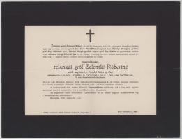 1926 Bp., gróf Zelinski Róbertné, szül. nagykárolyi Károlyi Klára (1865-1926) cs. és kir. palotahölgy, csillagkeresztes hölgy halotti értesítője, kis lapszéli sérülésekkel, 23x30 cm
