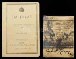 1940 Kasper Szigfrid főhadnagy emléklap és igazolvány valamint plusz egy fotó.