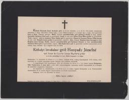 1914 Bp., kéthelyi birodalmi gróf Hunyady Józsefné, szül. Riquet de Caraman-Chimay Madeleine (1879-1914) cs. és kir. palotahölgy halotti értesítője, lapszéli sérülésekkel, 24x31 cm