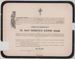 1884 Lovasberény, id. cziráki és dénesfalvi gróf Cziráky János (1818-1884) cs. és kir. kamarás, valóságos belső titkos tanácsos, az Aranygyapjas rend lovagja, a Szent István Társulat elnöke halotti értesítője, kisebb lapszéli sérülésekkel, hiánnyal, 23x29 cm