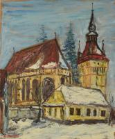 Gruber jelzéssel: Szászkézdi részlet az evangélikus templommal (Erdély). Olaj, farost. 62x51 cm