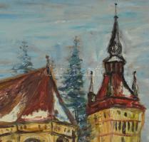 Gruber jelzéssel: Szászkézdi részlet az evangélikus templommal (Erdély). Olaj, farost. 62x51 cm