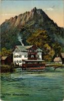 1912 Gasthof Böckelweiher (Berchtesgaden). Schön eingerichtete Fremdenzimmer, Bürgerliche Küche, Guten Rheinpfalzer Wein, Besitzer: P. Schornhausser / guesthouse, pond, mountain (EK)
