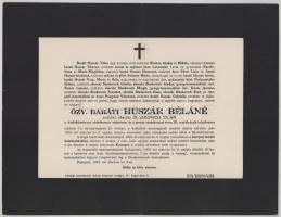 1933 Bp., özv. baráti Huszár Béláné, szül. ebecki Blaskovich Jolán (1861-1933), a hadiékítményes vöröskereszt ezüstérem és a porosz vöröskereszt érem tulajdonosa halotti értesítője, 23x30 cm