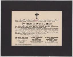 1918 Bp., mádi Kovács János (1880-1918) országgyűlési képviselő, Tolna vármegye törvényhatósági bizottságának tagja halotti értesítője, 23,5x30 cm