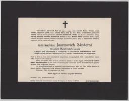 1936 Bp., szentandrási Joannovich Sándorné, szül. tiszabeői Hellebronth Laura, a Polgári Hadi Érdemkereszt I. osztálya, a Vöröskereszt hadiékítményes tiszti díszjelvénye és további kitüntetések tulajdonosa halotti értesítője, 23x30 cm