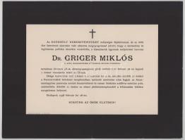 1938 Bp., Griger Miklós (1880-1938) apát, országgyűlési képviselő, bicskei plébános halotti értesítője, 23x30 cm